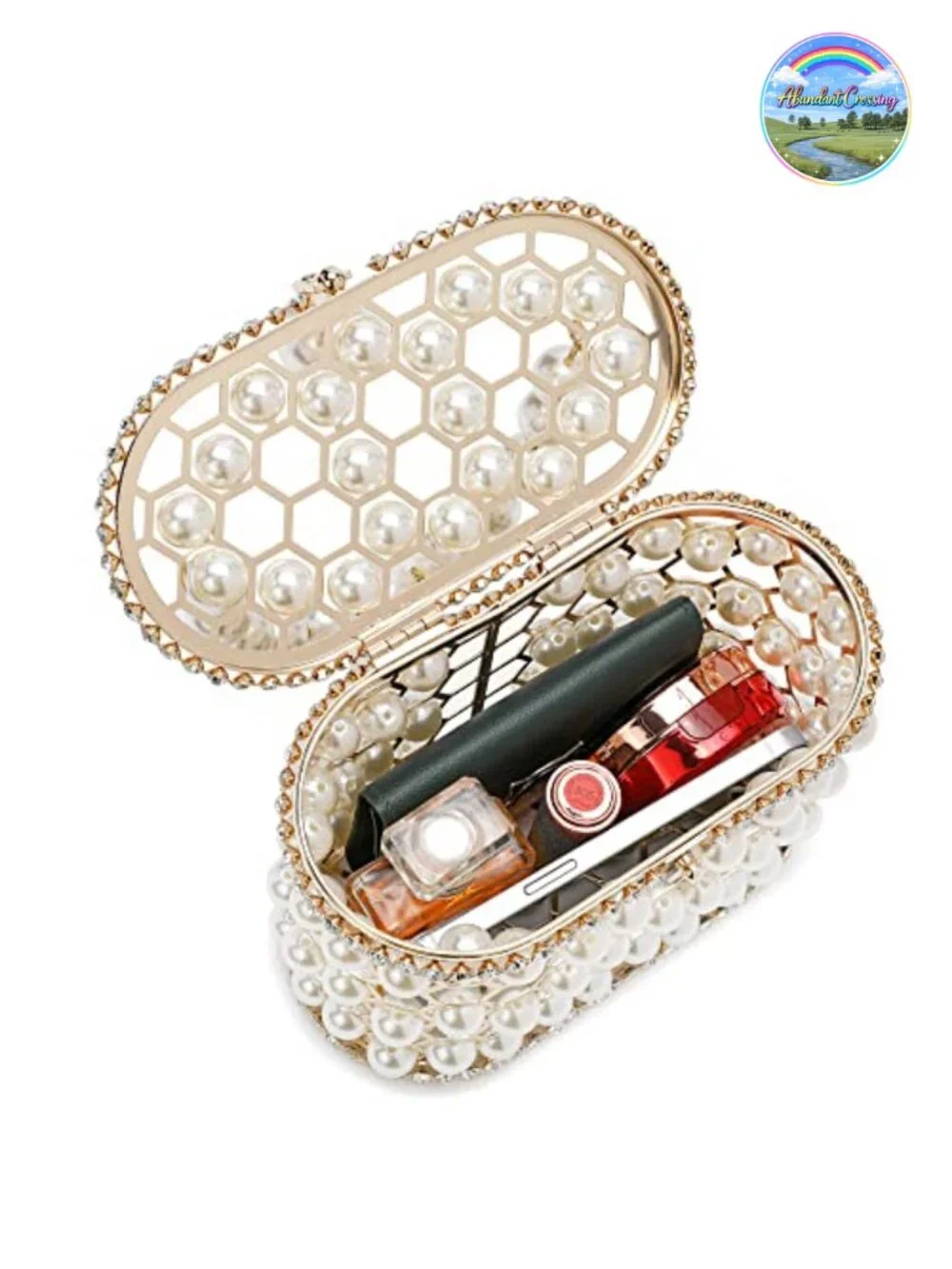 Sparkly Rhinestone Clutch with Pearl Handle, Detachable Chain, Velvet Lining,